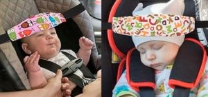 Two images of babies in car seats with head straps across their foreheads.
