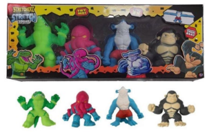 A 4‑pack of Stretcherz toys displayed in and out of packaging, featuring colorful stretchy creature characters including a lizard‑like figure, an octopus‑like figure, a shark‑like figure, and a gorilla‑like figure.