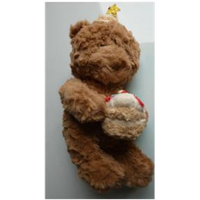 A brown plush teddy bear wearing a small hat topped with a yellow star is shown upright. The bear is holding a round birthday cake decorated with strawberries and a candle.