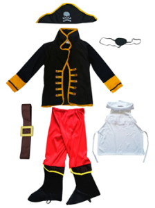 A children’s pirate costume laid out flat, including a black pirate hat with a skull and crossbones, a black jacket with gold trim, red trousers, black boot covers with yellow trim, a brown belt with a gold buckle, a white shirt insert, and a black eye patch.