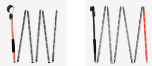 Two images of folded ski poles in grey colour with some red and black.