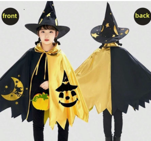 Black and gold children's Halloween costume with cape and wizard's hat