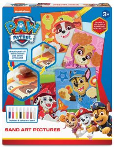 PAW Patrol sand art kit box showing character picture templates and coloured sand tubes used to fill in peel‑off sections.