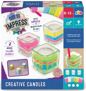 Candle‑making kit box displaying three glass holders filled with colourful layered sand designs, along with images of included materials.