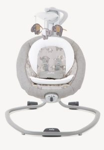 Front view of a grey baby swing with a cushioned seat featuring an elephant pattern and hanging mobile, a toy bar, and a curved metal base.