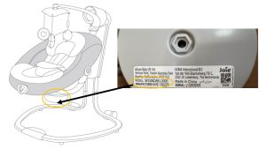 Diagram of a baby swing showing where the product identification sticker is located, alongside a close‑up photo of the sticker with model number and manufacture date.