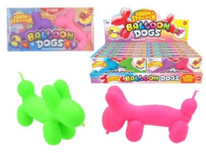 Image shows bright green and pink dog-shaped balloon toys and packaging