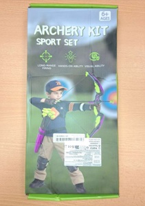 A toy bow and arrow set in packaging