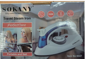Front of Box with brand SOKANY in top left hand corner with an image of a blue and white stream iron.