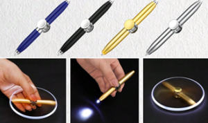 Top part of the image shows 4 Fidget Spinner Ballpoint Pens in blue, black, yellow and white. The lower part of the image shows a hand holding the product and light coming from the pen in another picture.