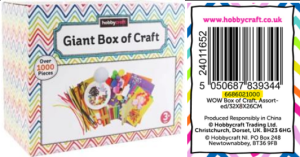 An image of the box for the Giant Box of Craft with an image of the product barcode with product information underneath it.