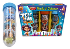 Image shows a coloured toy plastic test tube and a box with 3 tubes. Various colours and cartoon characters on both.