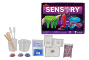 Image shows a toy kit of various coloured sands, buckets and small tools and the product packaging