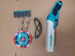 A plastic toy gun with soft toy bullets, a paper target and glasses