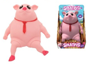Image shows a squeezy toy pig with a red tie and an image of the product in packaging