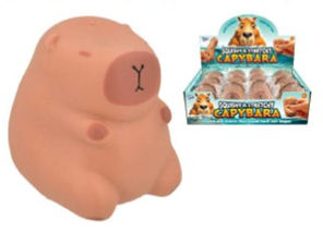 Image shows a squishy toy capybara and an ain image of many copies of the toy in a display box packaging