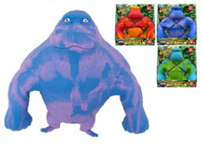 image shows a squishy blue gorilla-like toy and 3 other similar toys in packaging