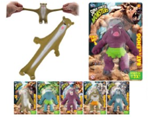 Image shows a stretchy toy being stretched from the arms and from top to bottom and various other stretchy toys in packaging