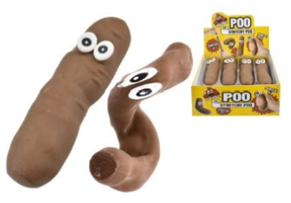 image shows brown poop shaped toy with eyes and an an image of various units of the toy in display box packaging