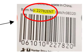 Close-up of a product barcode label on white packaging. Above the barcode, the text “Item No: 22782ENT” is printed and circled in red. Below the barcode, the number sequence “061010227820” is visible. The label also includes small printed manufacturing text.