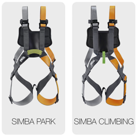 Two children’s full‑body harnesses shown side by side: SIMBA PARK with a green front point and SIMBA CLIMBING with a grey front point.