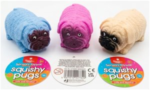 Three small rubber squeeze toys shaped like pugs. The toys are in blue, pink, and beige colours, each with textured surfaces and round eyes. In front of the toys are circular product labels reading “Sensory toybox squishy pugs – cute and squishy,” with an age marking of “3+” and conformity markings including CE and UKCA. A barcode label is visible on one of the tags.