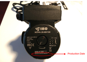 The IBO NOVA circulating pump with a red circle at the bottom pointing out the production date.